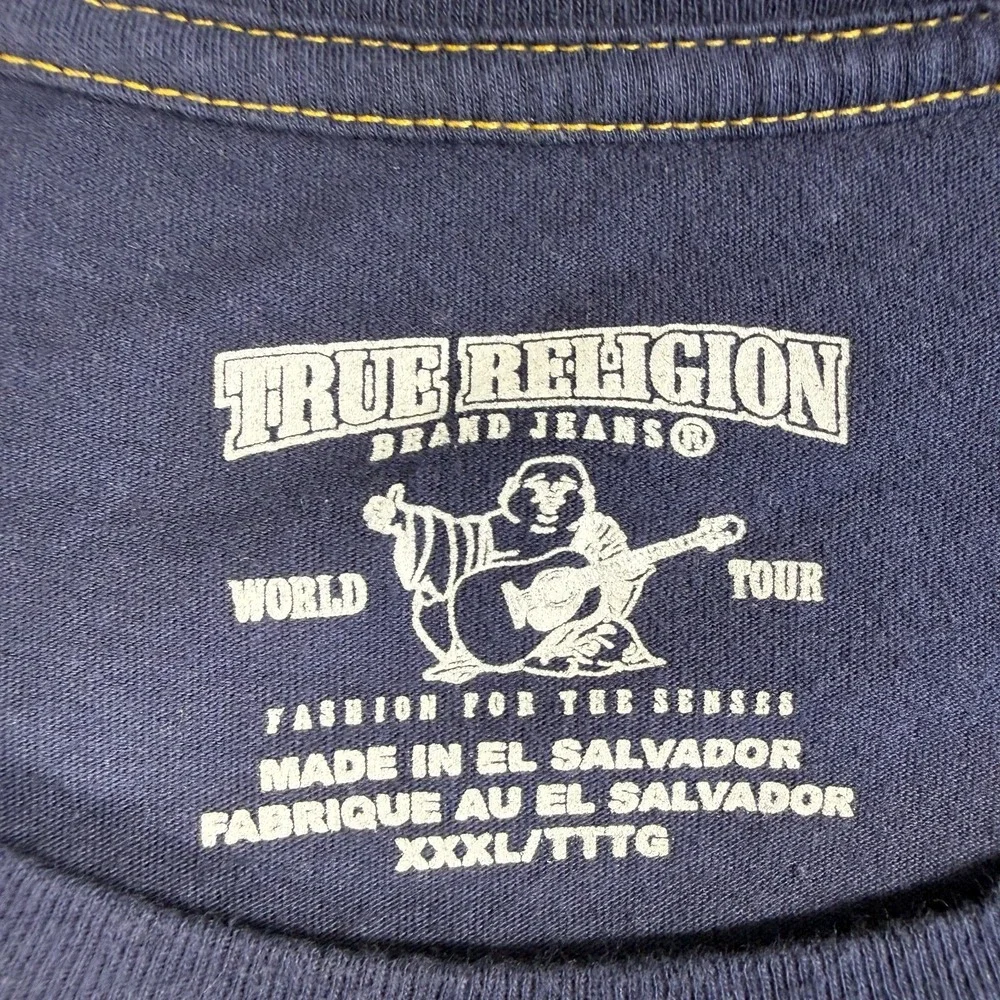True Religion Shirt Mens 3XL Blue Stripe Graphic Short Sleeve Buddha Crew Neck T